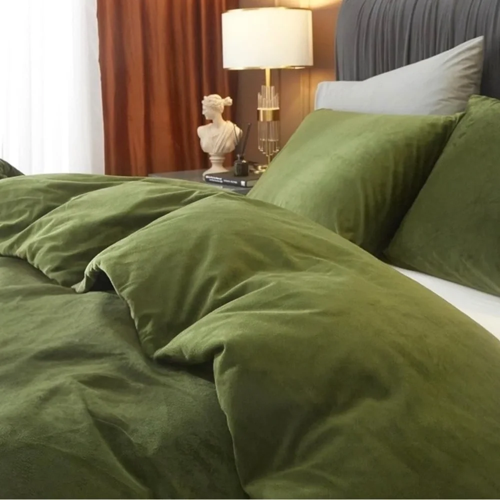 NEW West Elm Dark Green Lux Velvet Flannel Queen / King Duvet Bedding & Sham Set